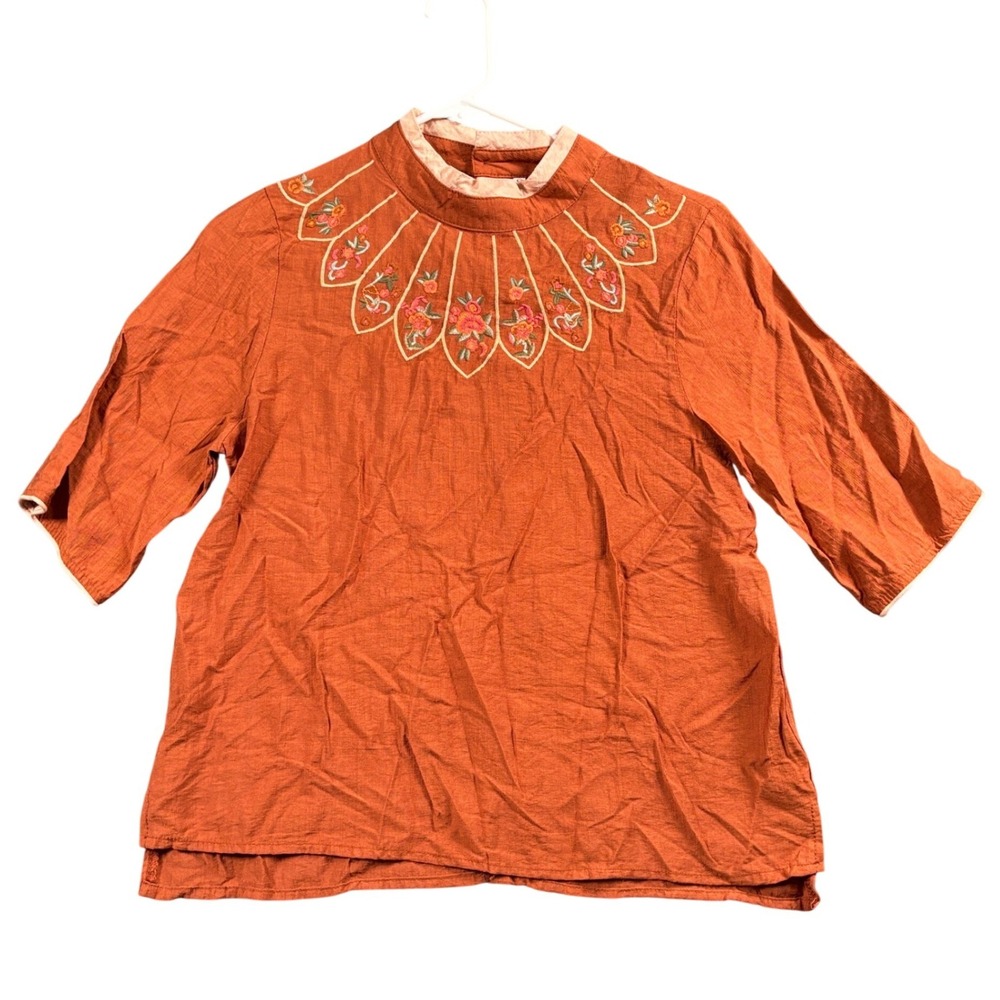 Embroidered Boho Folk Blouse Burnt Orange Floral Top Mock Neck Women's Large‎